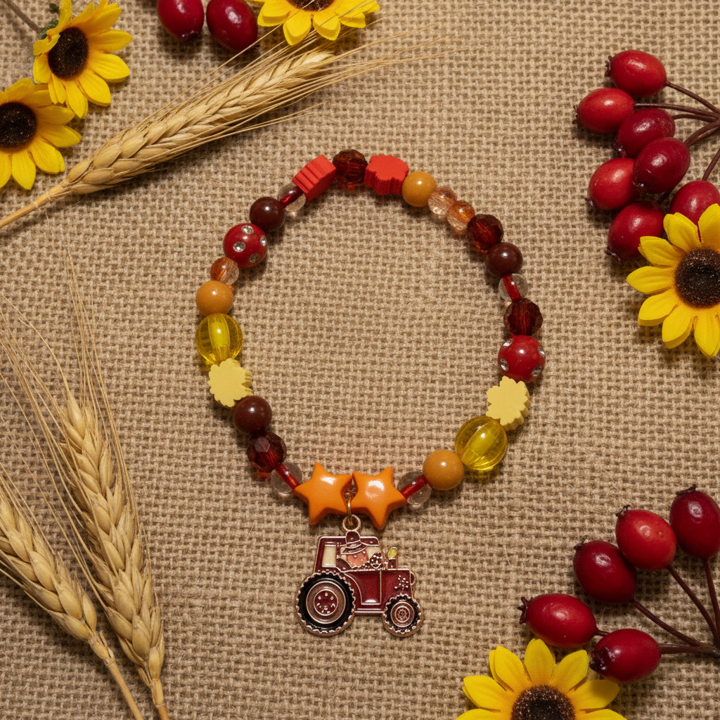Harvest Tractor Charm Beaded Bracelet