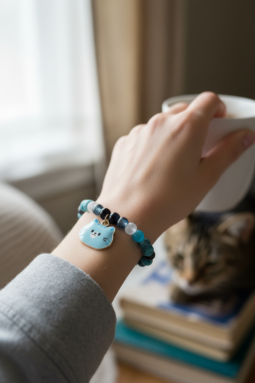 Blue Cat Charm Beaded Bracelet