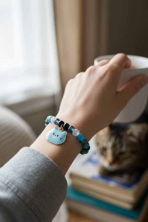 Blue Cat Charm Beaded Bracelet