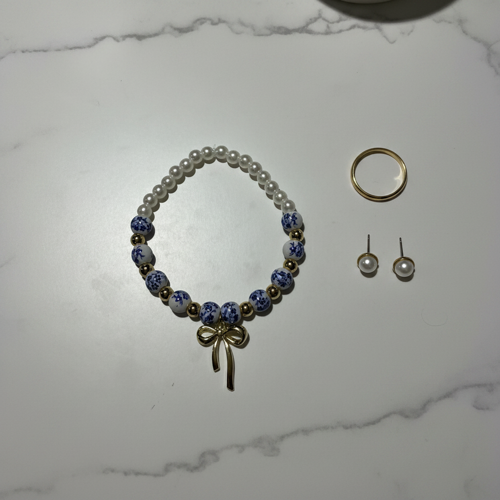 Blue Willow Pearl & Bow Beaded Bracelet