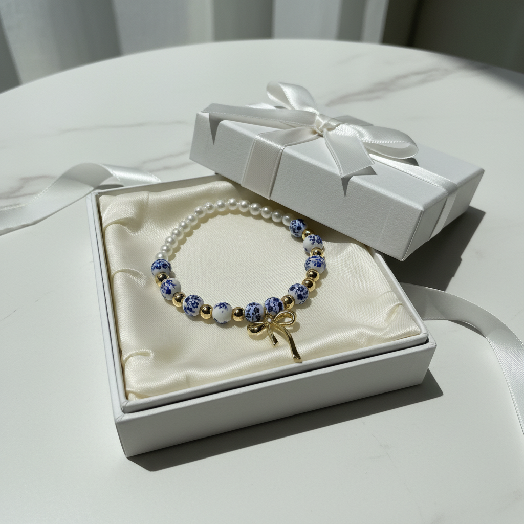 Blue Willow Pearl & Bow Beaded Bracelet