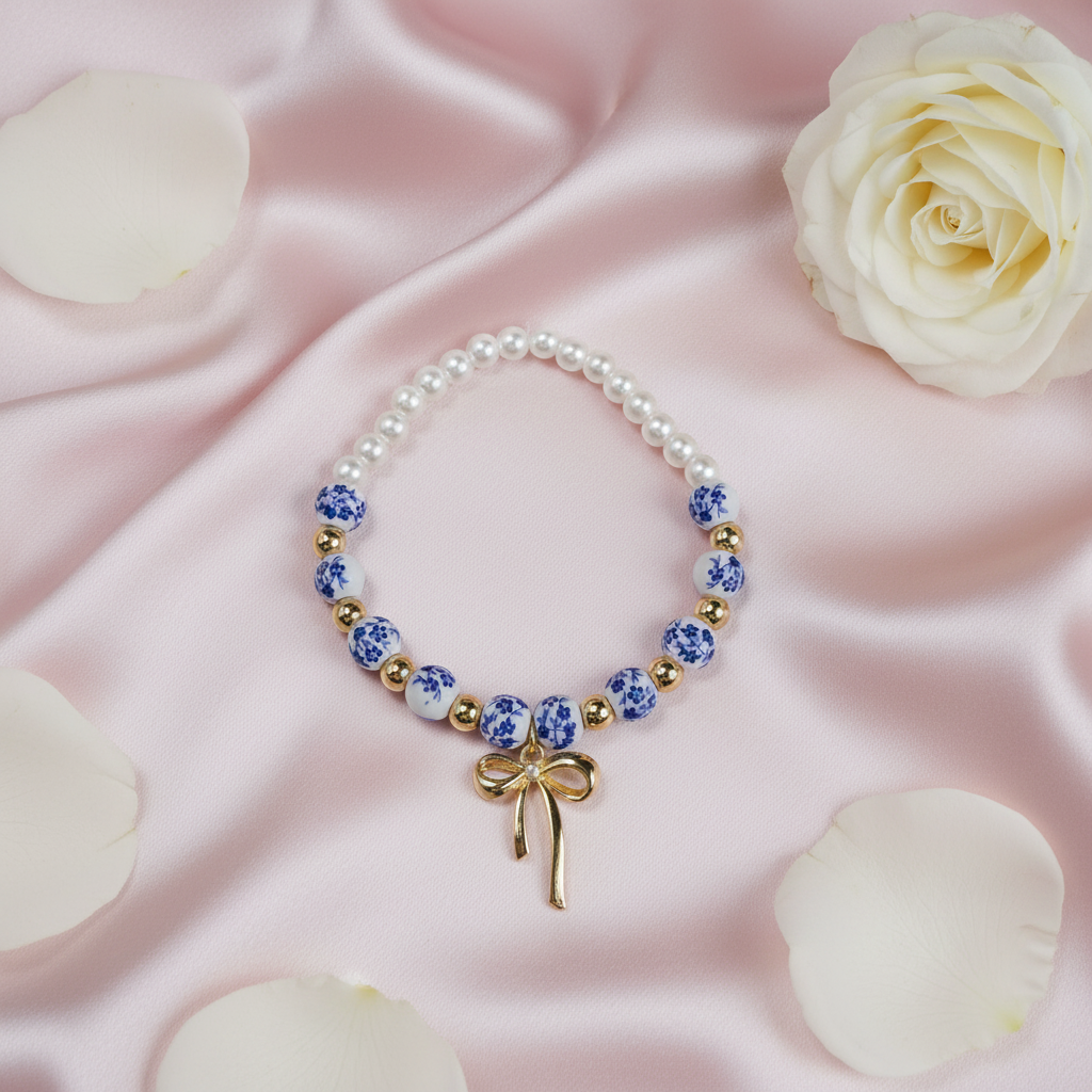 Blue Willow Pearl & Bow Beaded Bracelet