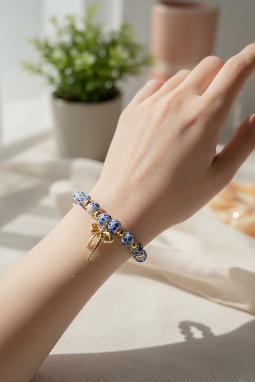 Blue Willow Pearl & Bow Beaded Bracelet