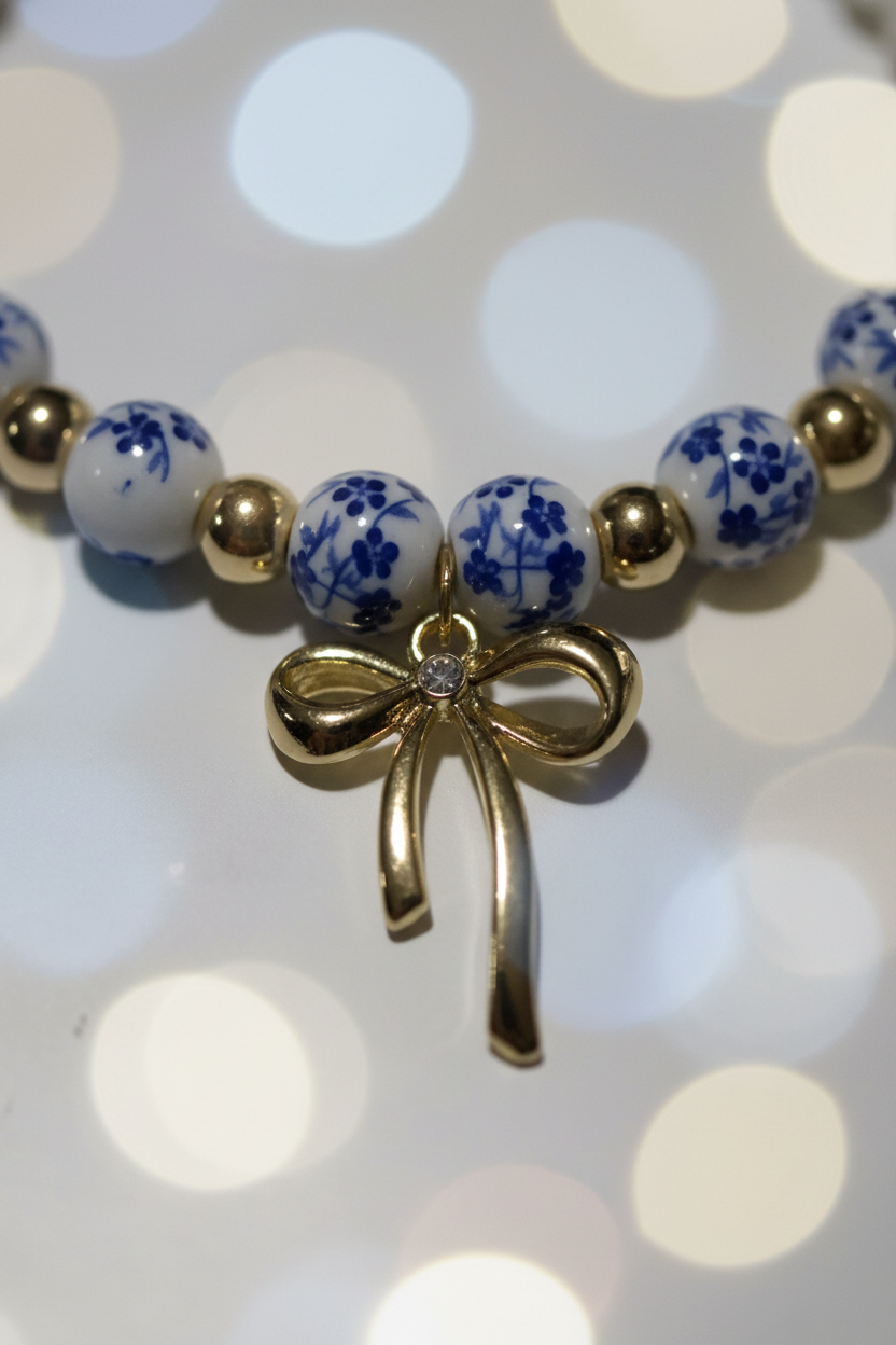 Blue Willow Pearl & Bow Beaded Bracelet