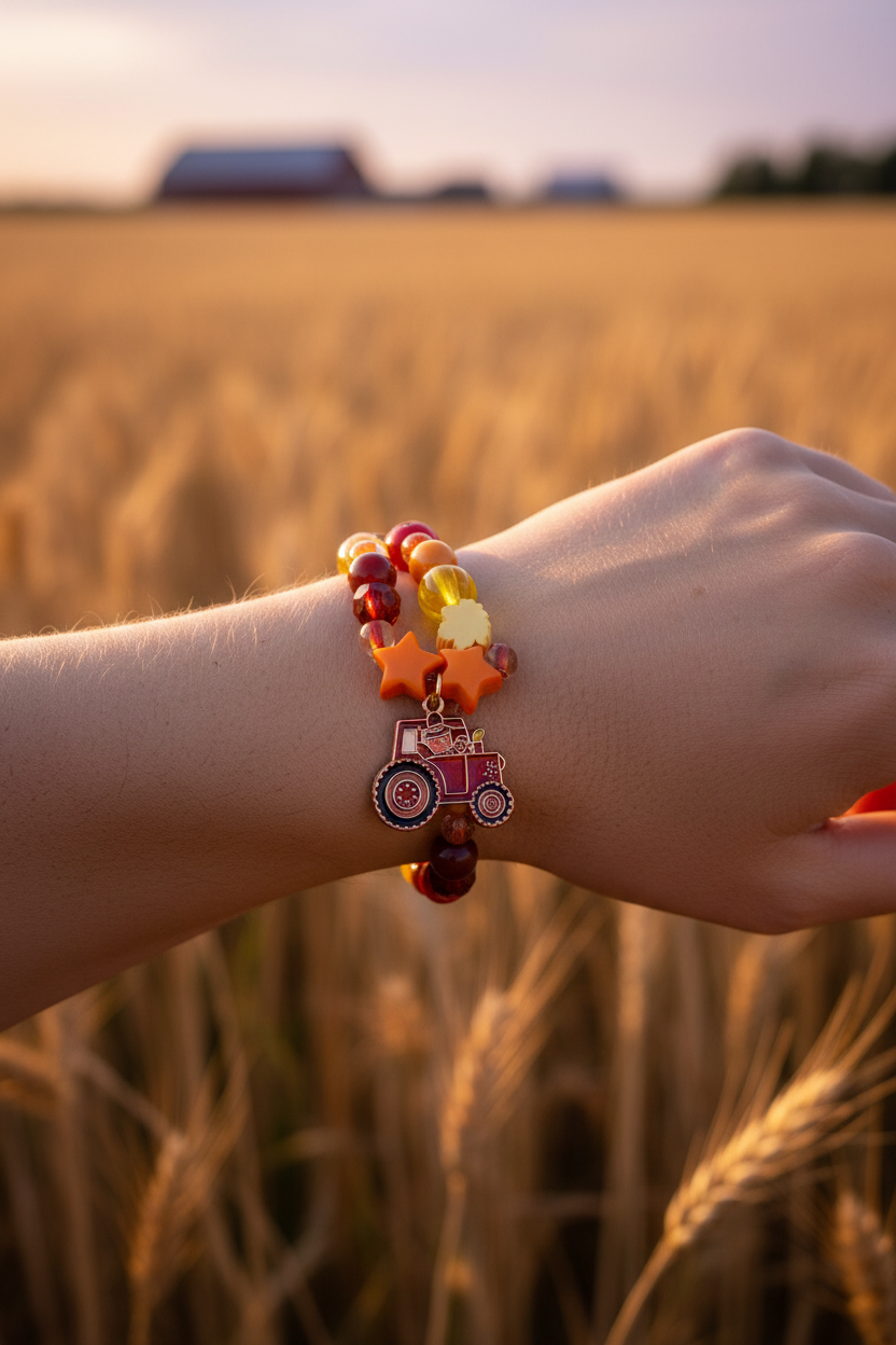 Harvest Tractor Charm Beaded Bracelet