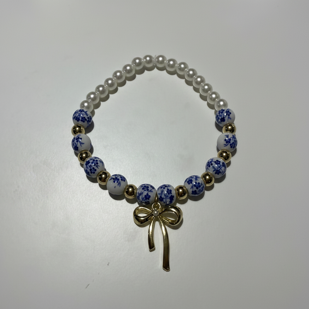 Blue Willow Pearl & Bow Beaded Bracelet
