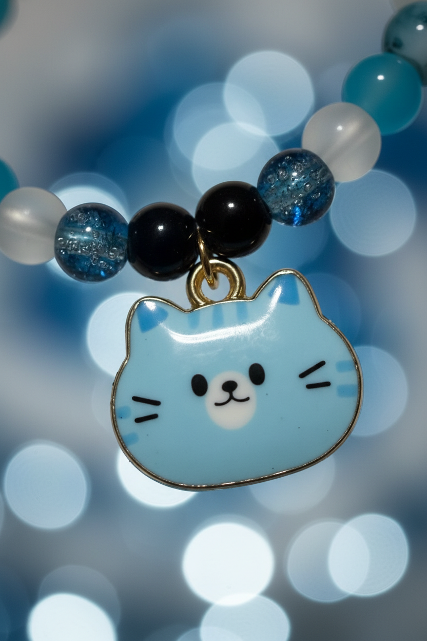Blue Cat Charm Beaded Bracelet