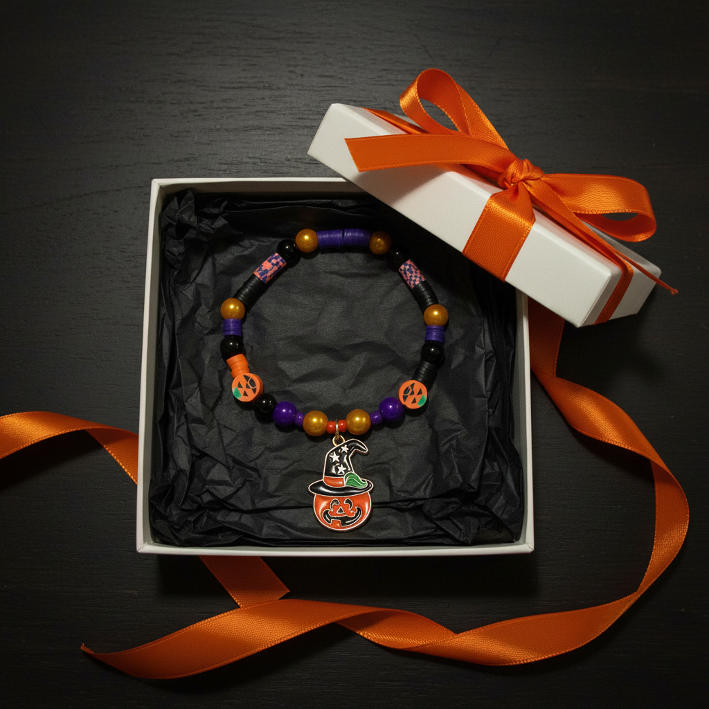 Spooky Season Pumpkin Witch Beaded Bracelet