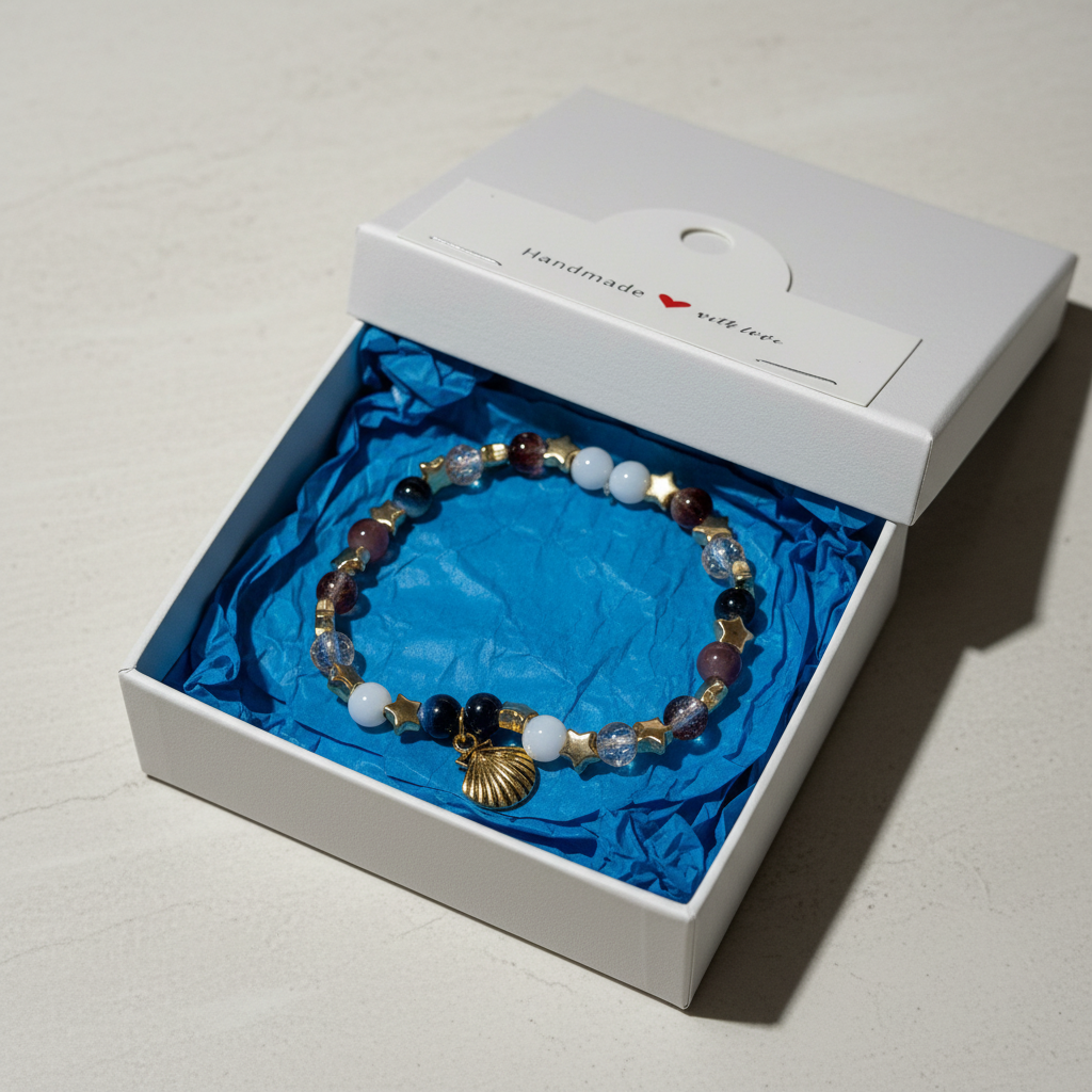 Ocean Star Beaded Bracelet with Gold Seashell Charm