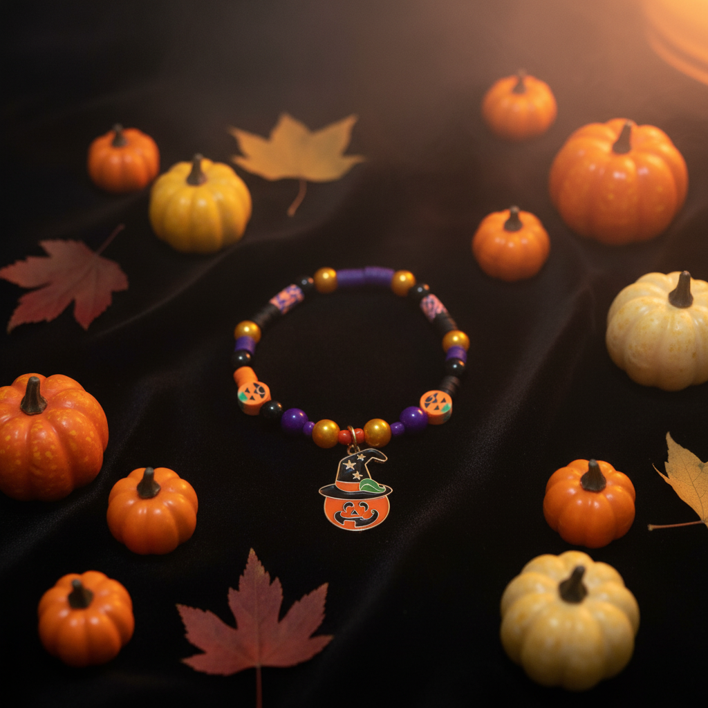 Spooky Season Pumpkin Witch Beaded Bracelet