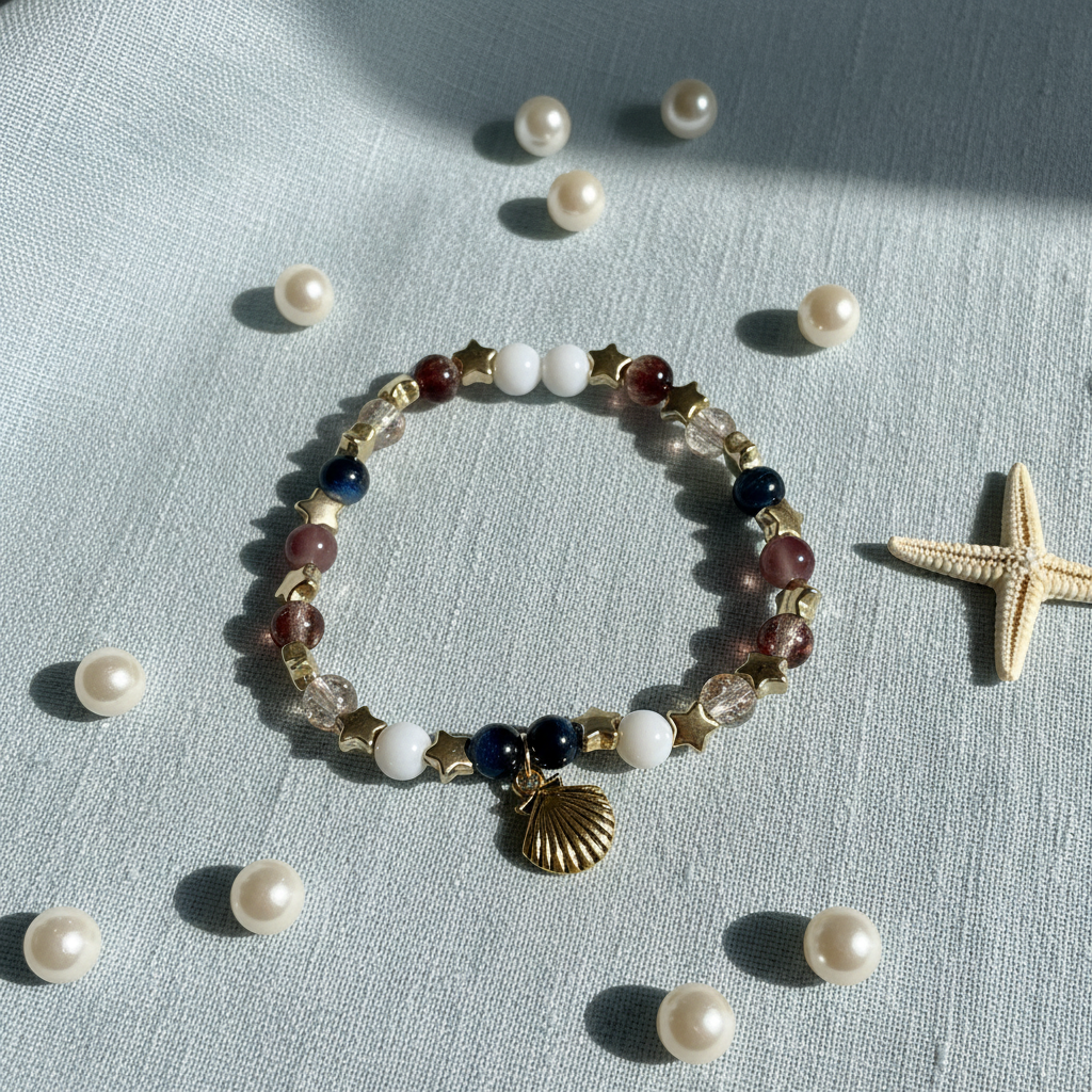 Ocean Star Beaded Bracelet with Gold Seashell Charm